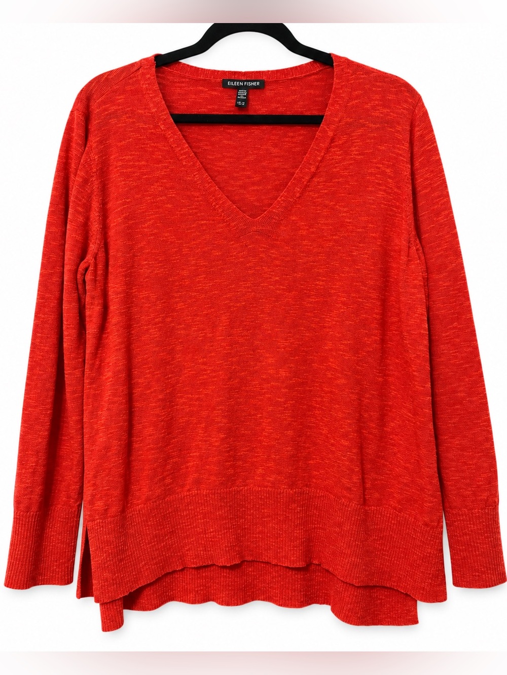 🦋 Eileen Fisher| Red Orange Organic Linen Cotton V-Neck Sweater Medium